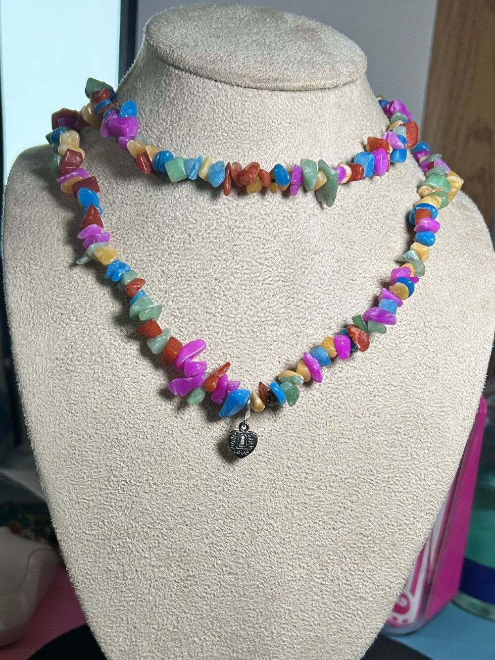 Boho Rainbow Gemstone Chip Strand Necklace Silver Heart Charm